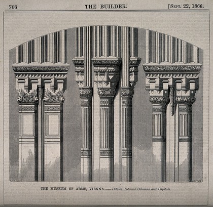 Museum of Arms, Vienna, Austria: architectural details. Wood engraving by Heaviside, 1866, after B. Sly.