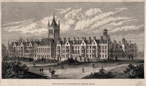 Holloway Sanatorium, Virginia Water: panoramic view. Wood engraving.