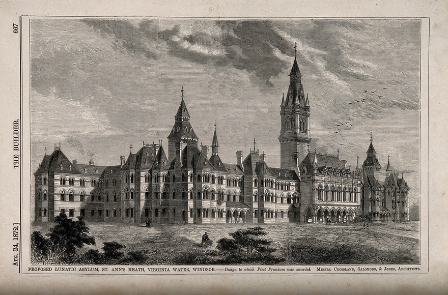 St. Ann Heath Lunatic Asylum, Virginia Water, Windsor. Wood engraving by D.R. Warry, 1872, after Crossland, Salomans, & Jones.