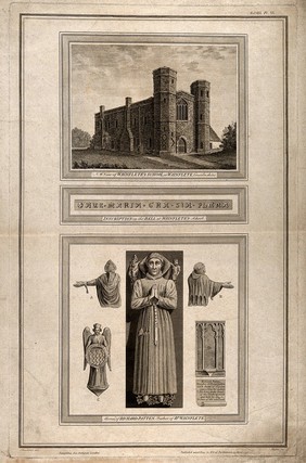 Wainflete School and Richard Patten Monument, Wainflete, Lincolnshire. Etching by J. Basire, 1790, after J. Schnebbelie.