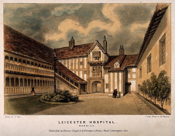 Leicester's Hospital, Warwick: courtyard. Coloured lithograph after C. Pye.