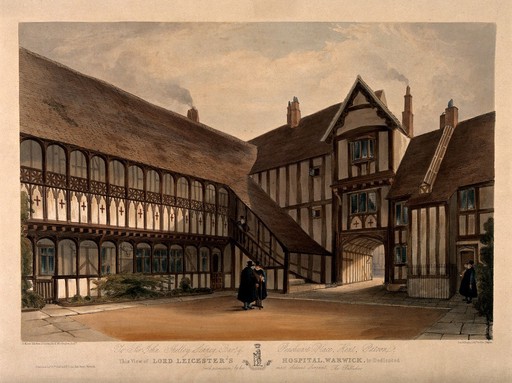 Leicester Hospital, Warwick. Coloured lithograph by G. Moore, 1842, after H. Woodington.