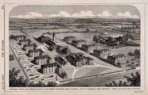 view Asylum for Imbecile Poor, proposed for Leavesden Woodside, near Watford, and Caterham, Surrey: bird's eye view. Wood engraving by W.C. Smith, 1868, after J. Giles & Bivan.