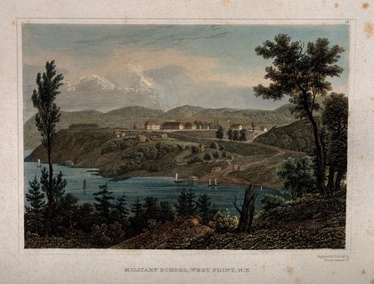 Military School, West Point, New York: panoramic view. Coloured engraving by Fenner Sears & Co., 1831.