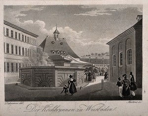 view The Hot Spring, Wiesbaden, Germany. Aquatint by F. Martens after F. Dielmann.