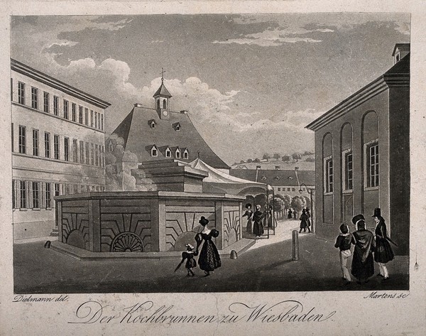 The Hot Spring, Wiesbaden, Germany. Aquatint by F. Martens after F. Dielmann.
