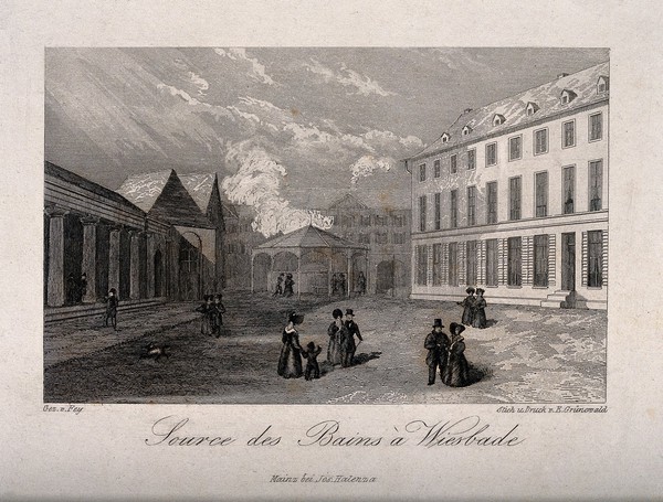 Hot Baths, Wiesbaden: figures strolling at the source. Engraving by E. Grünewald after J. Fey.