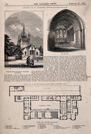 view Church of St. Mildred, Whippingham: Winchester Diocesan Training College floor plan. Wood engraving by O. Jewitt, 1863.