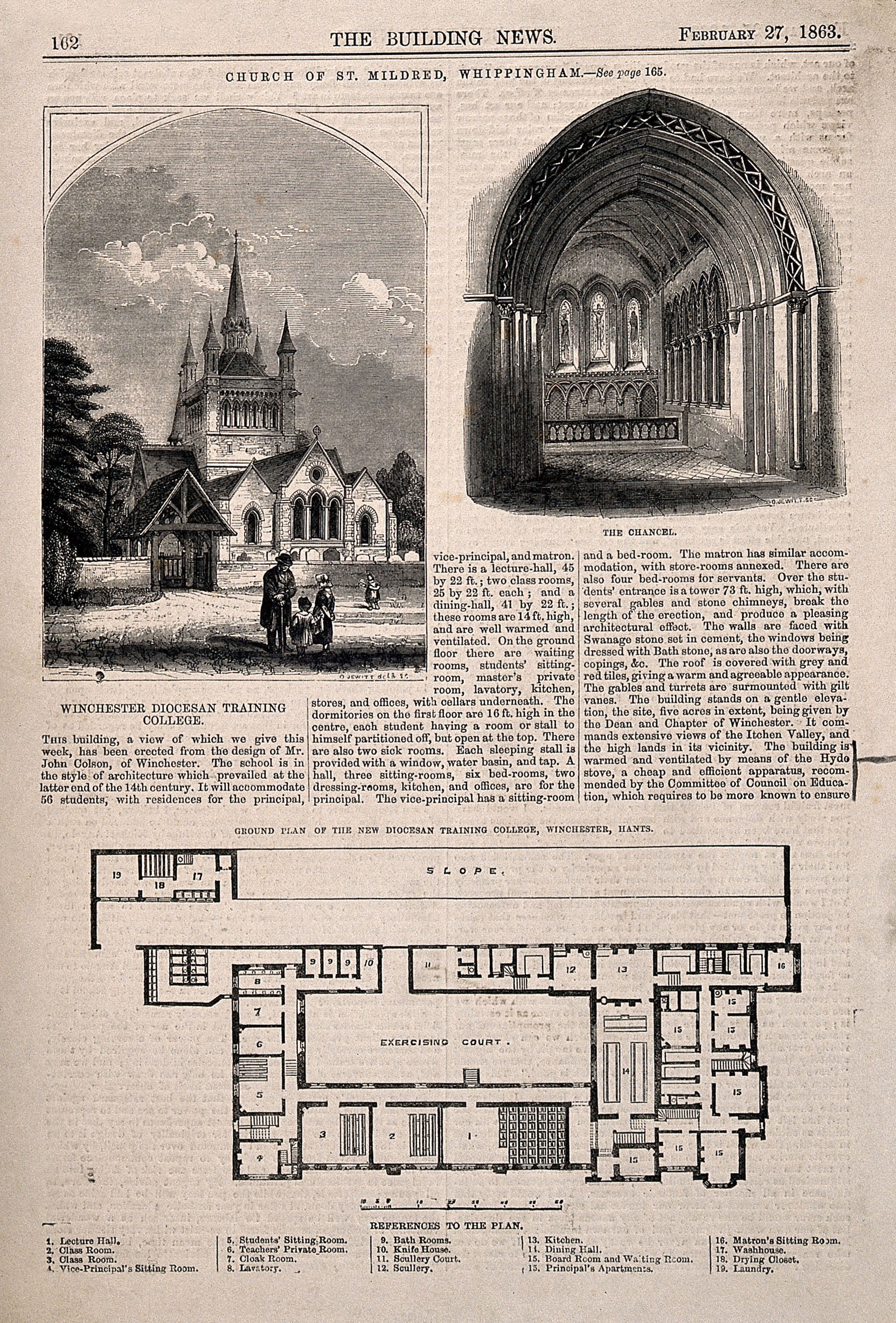 Church of St. Mildred, Whippingham: Winchester Diocesan Training College floor plan. Wood engraving by O. Jewitt, 1863.