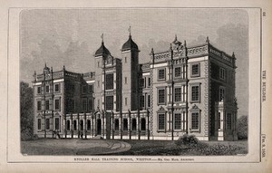 view Kneller Hall Training School, Whitton, Middlesex. Wood engraving by C. D. Laing, 1850, after B. Sly after G. Mair.