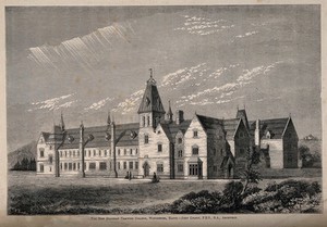 view New Diocesan Training College, Winchester, Hampshire. Wood engraving by W. Sardue after J. Colson.