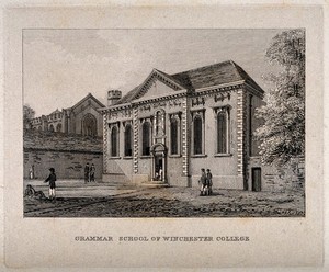 view Grammar School of Winchester College, Winchester, Hampshire. Etching by Buckler, 1823.