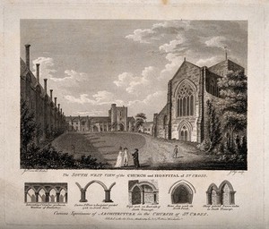 view Church and Hospital of St. Cross, Winchester, Hampshire: with architectural details. Etching by J. Pass, 1809, after J. Cave.