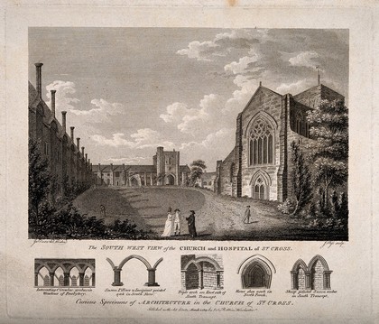 Church and Hospital of St. Cross, Winchester, Hampshire: with architectural details. Etching by J. Pass, 1809, after J. Cave.