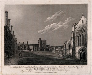 view Hospital of St. Cross, Winchester, Hampshire. Etching by S. Middiman and W. Byrne, 1780, after T. Hearne.