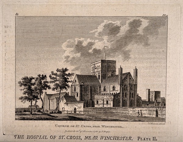 Church of St. Cross, Winchester, Hampshire. Etching by J. Bonner, 1783.