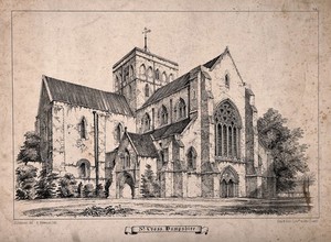 view St. Cross Church, Winchester, Hampshire. Lithograph by A. Newman after J. Johnson.