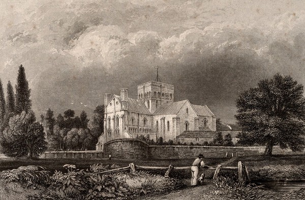 St. Cross Church, Winchester, Hampshire: panoramic view. Engraving by J. Shury & Son after G.S. Shepherd.