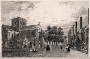 view Hospital of St. Cross, Winchester, Hampshire. Etching by J. Shury & Son after G.S. Shepherd.