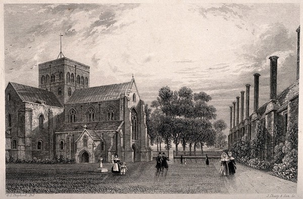 Hospital of St. Cross, Winchester, Hampshire. Etching by J. Shury & Son after G.S. Shepherd.