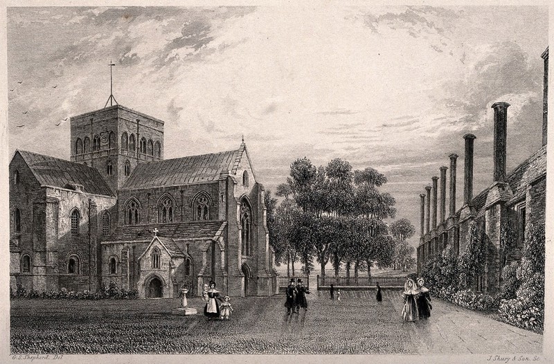 Hospital of St. Cross, Winchester, Hampshire. Etching by J. Shury & Son after G.S. Shepherd., by George Shepherd