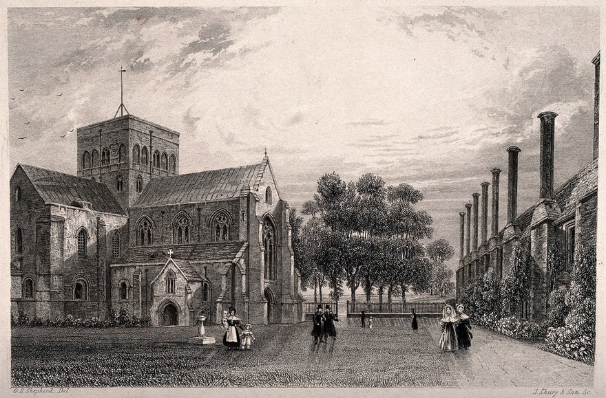 Hospital of St. Cross, Winchester, Hampshire. Etching by J. Shury & Son after G.S. Shepherd.