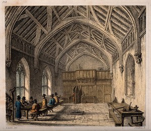 view Hospital of St. Cross, Winchester, Hampshire: hall. Coloured etching by J. Le Keux after O. Carter.