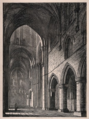 view Hospital of St. Cross, Winchester, Hampshire: the arches. Etching by J. Coney.