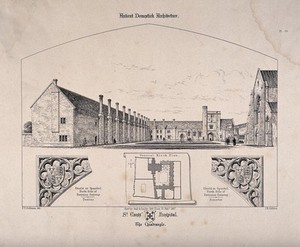 view Hospital of St. Cross, Winchester, Hampshire: the quadrangle and floor plan and architectural details. Transfer lithograph by J.R. Jobbins, 1857, after F.T. Dollman.