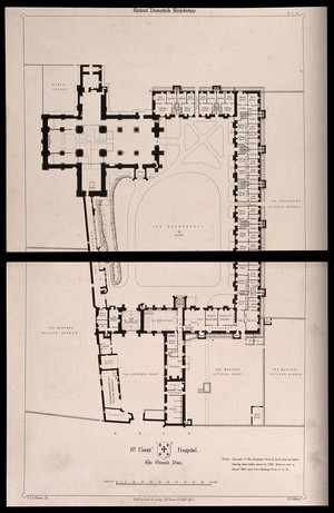 view St. Cross Hospital, Winchester, Hampshire: floor plan. Transfer lithograph by J.R. Jobbins, 1857, after F.T. Dollman.