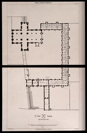Hospital of St. Cross, Winchester, Hampshire: floor plan of the first floor. Transfer lithograph by J.R. Jobbins, 1857, after F.T. Dollman.