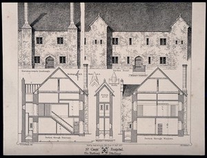 view Hospital of St. Cross, Winchester, Hampshire: dwellings of the bretheren, facade and floor plans. Transfer lithograph by J.R. Jobbins, 1857, after F.T. Dollman.