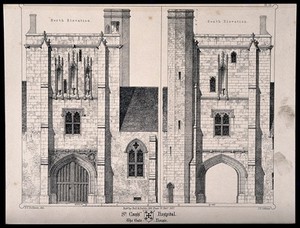 view Hospital of St. Cross, Winchester, Hampshire: gate house. Transfer lithograph by J.R. Jobbins, 1857, after F.T. Dollman.