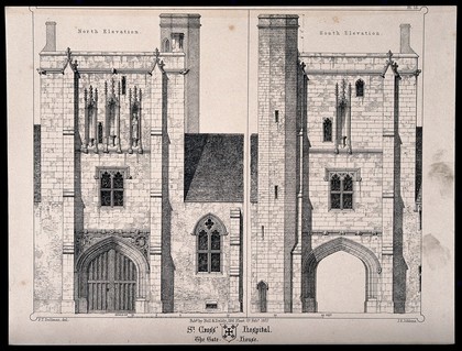 Hospital of St. Cross, Winchester, Hampshire: gate house. Transfer lithograph by J.R. Jobbins, 1857, after F.T. Dollman.