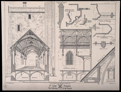 Hospital of St. Cross, Winchester, Hampshire: architectural details. Transfer lithograph by J.R. Jobbins, 1857, after F.T. Dollman.