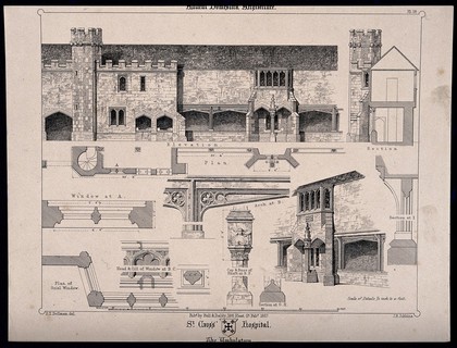 Hospital of St. Cross, Winchester, Hampshire: the ambulatory, and architectural details. Transfer lithograph by J.R. Jobbins, 1857, after F.T. Dollman.