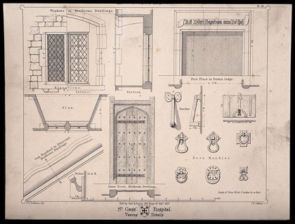 Hospital of St. Cross, Winchester, Hampshire: architectural details. Transfer lithograph by J.R. Jobbins, 1857, after F.T. Dollman.