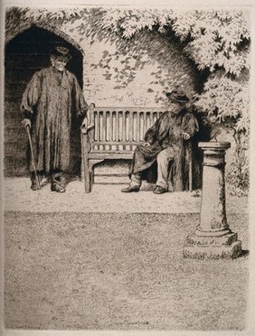 Hospital of St. Cross, Winchester, Hampshire: two brothers in the garden. Etching by G.H.M. Sumner.