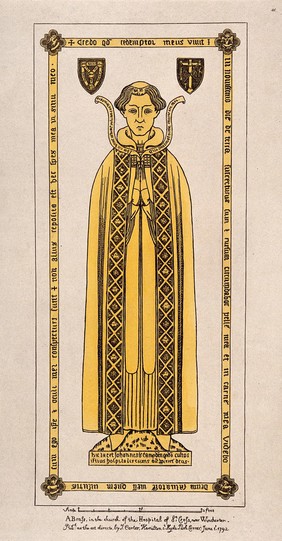 St. Cross Church, Winchester, Hampshire: a brass rubbing. Coloured etching, 1792.