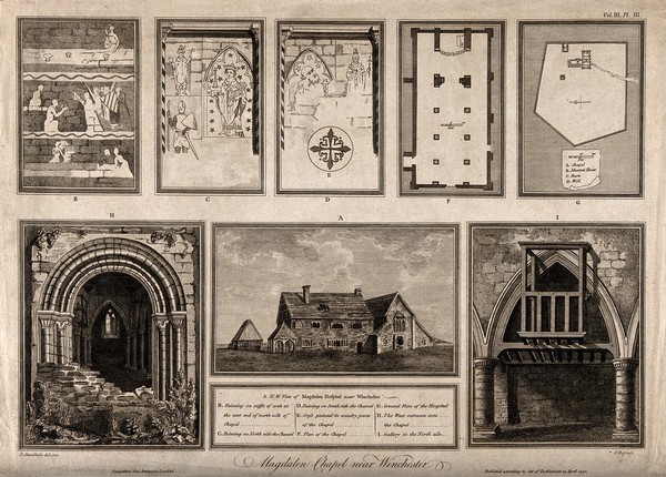 Magdalen Hospital and Chapel, Winchester, Hampshire: with design and architectural sketches. Engraving by J. Basire, 1790, after J. Schnebbelie, 1788.