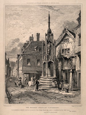 view Market Cross, Winchester, Hampshire. Steel engraving by Roberts after W.H. Bartlett.