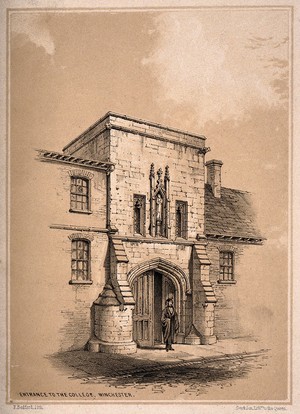 view Winchester College, Winchester, Hampshire: entrance gate. Tinted lithograph by F. Bedford.