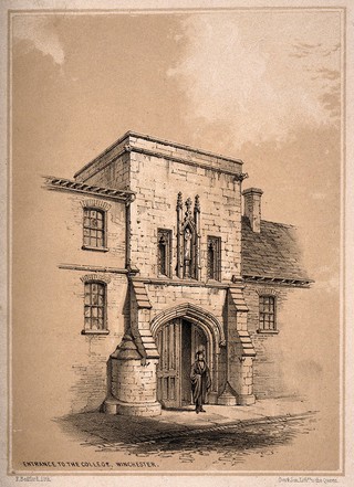 Winchester College, Winchester, Hampshire: entrance gate. Tinted lithograph by F. Bedford.