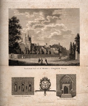 St. Mary College of Winchester (Winchester College), Winchester, Hampshire: with details of ornamentation. Engraving by J. Pass, 1798, after J. Cave.