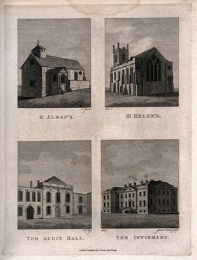 Audit Hall, Infirmary, St. Alban's and St. Helen's Churches, Worcester, England. Engraving by J. Newton, 1793, after N. Green and J. Ross.