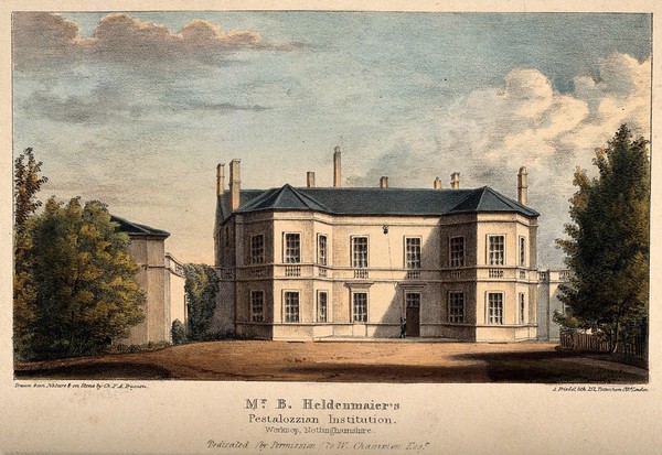 Pestalozzian Institution, Worksop, Nottinghamshire. Coloured lithograph by C.F.A. Tracnsei? after himself.