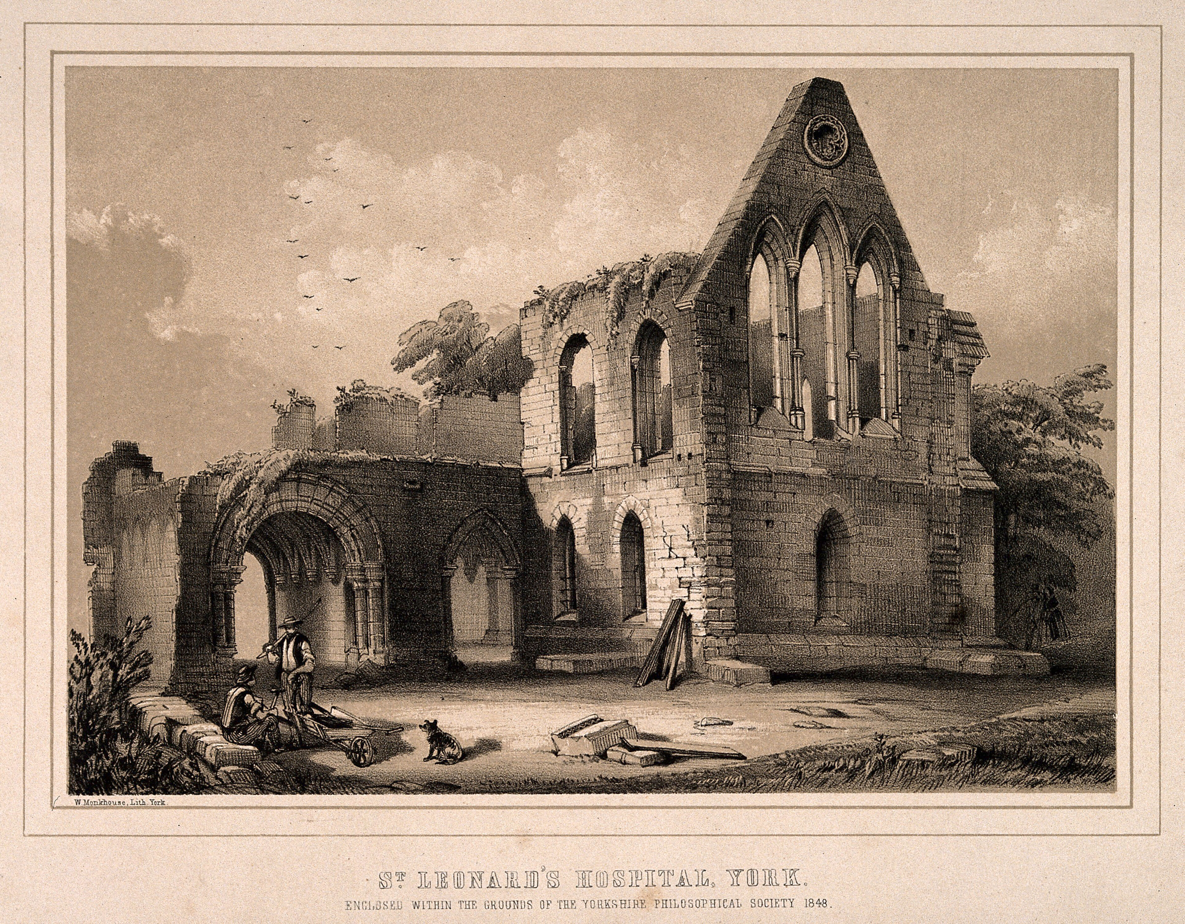St. Leonard's Hospital, York, England: ruins. Tinted lithograph by W. Monkhouse.