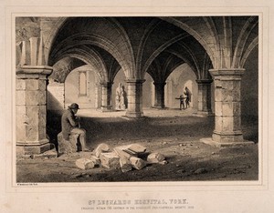 view St. Leonard's Hospital, York, England: under the foundation arches. Transfer lithograph by W. Monkhouse.