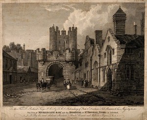 view Micklegate Bar, Hospital of St. Thomas, York, England. Engraving by W. Byrne and T. Medland, 1782, after T. Hearne.