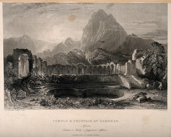 Temple and fountain, Zagwhan, Africa: panoramic view. Etching by R. Redaway after Sir G. Temple.